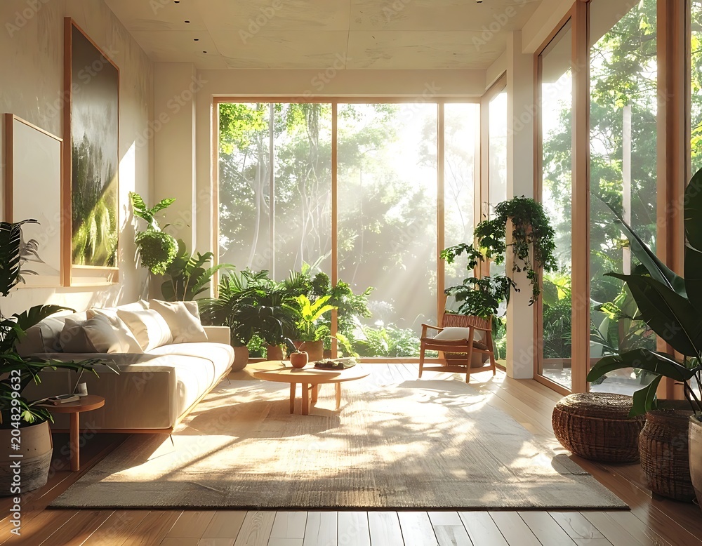 Fototapeta premium A serene living room with large windows and lush greenery (97)
