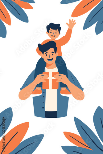 Happy father carrying his child on shoulders illustration featuring tropical foliage frame parenting lifestyle illustration shoulders carrying