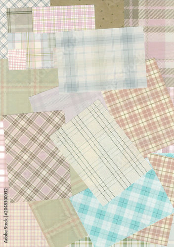 Messy top view backdrop of stacked colorful plaid paper notes
