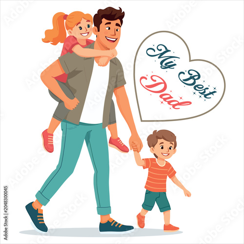 My best dad illustration with father carrying daughter and son daughter children carrying parenting childhood lifestyle togetherness affection