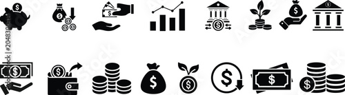 Obraz na plátně Money and finance icons with banking, payments, savings, investment and income concepts