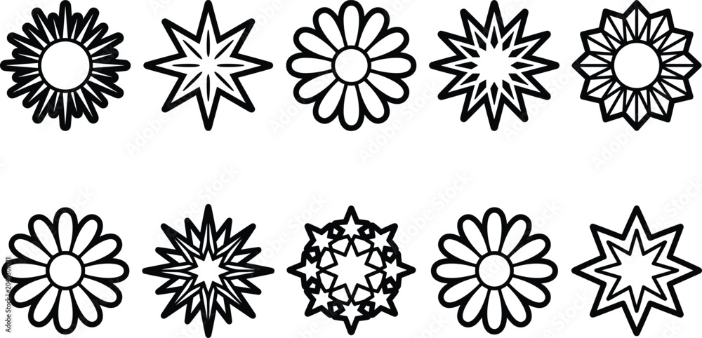 Obraz premium Geometric Flower and Star Silhouette Icon Vector Set with Retro Y2K Sparkle Shapes for Modern Graphic Branding and Logo Design Elements
