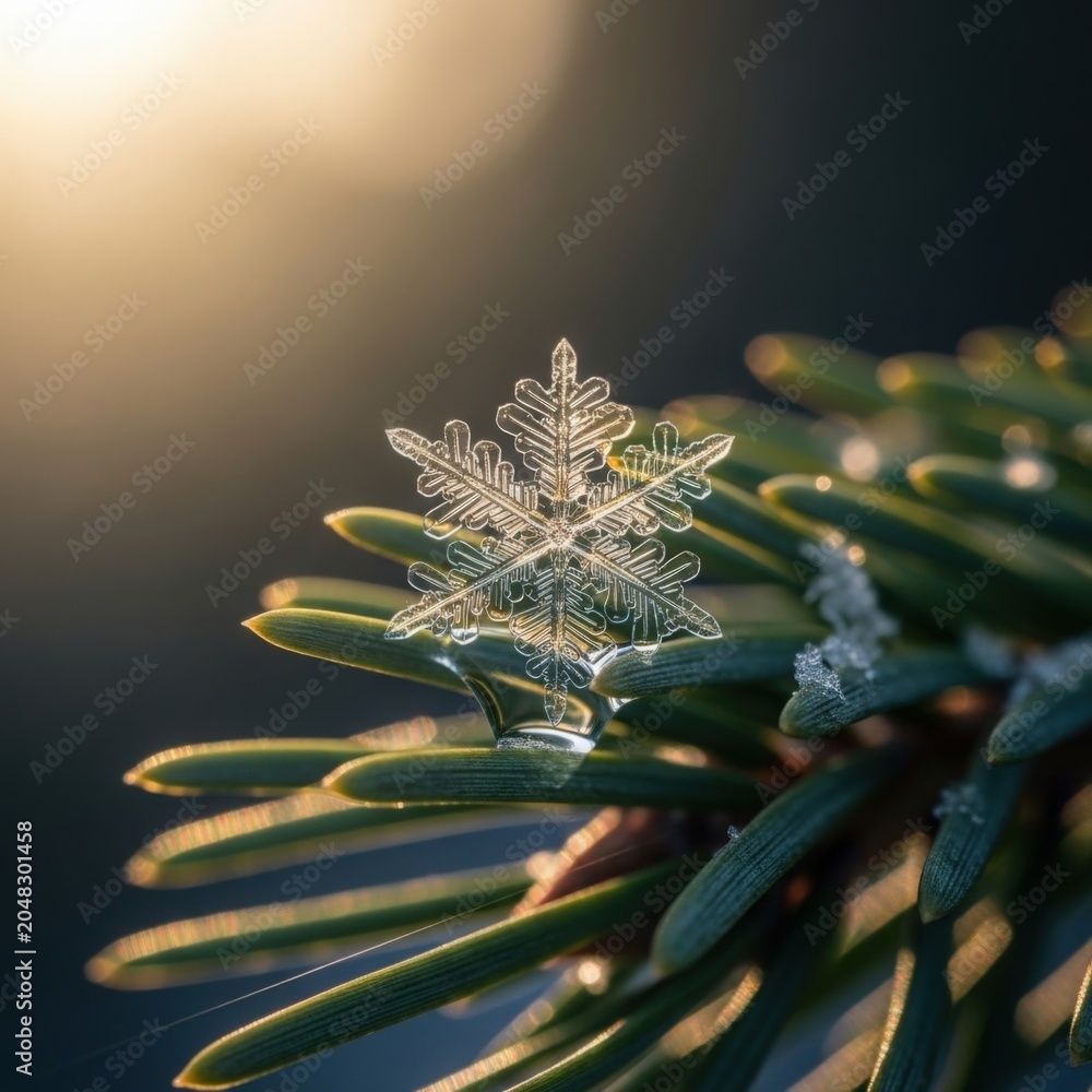 Fototapeta premium Close-up of delicate frost-covered dragonfly on pine needles in soft golden sunlight