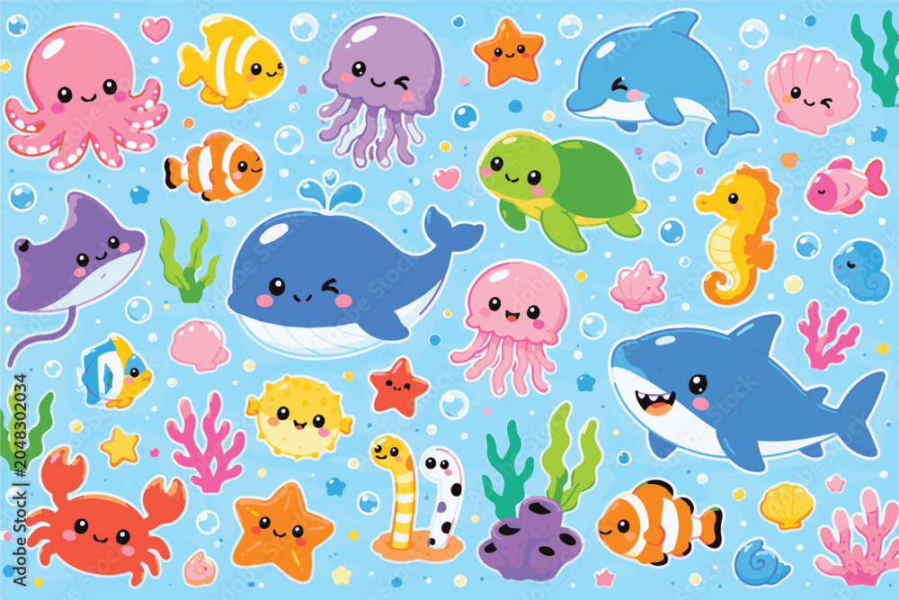 Obraz premium Cute Ocean Animals Cartoon Vector Set