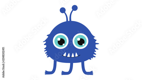 Cute blue cartoon alien monster with antennae isolated on transparent background