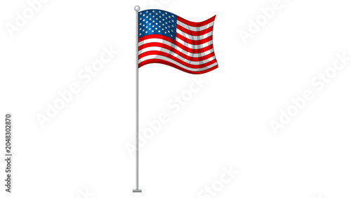Waving flag of the United States of America on flagpole isolated on transparent background