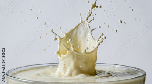 Canvas-taulu Dynamic close-up shot of creamy white milk splashing dramatically out of a glass, creating elegant droplets and a beautiful crown-shaped liquid sculpture