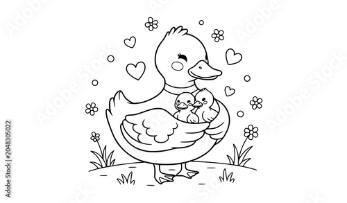 Quadro su tela Kawaii Duck Family Mother’s Day Coloring Sheet with Cute Baby Ducks and Floral D