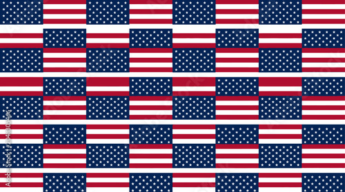 Patriotic geometric seamless pattern featuring alternating blocks of star-spangled blue and bold red and white stripes, ideal for national holiday backgrounds and festive designs
