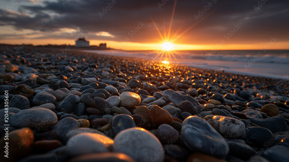 Obraz premium A sunset beach scene from a low perspective, focusing on a wide array of smooth, wet pebbles in the foreground. Ai generated