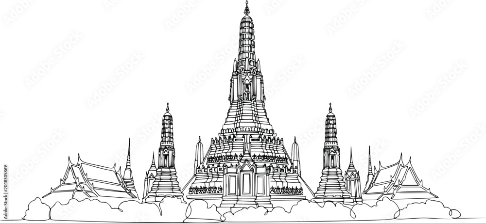Naklejka premium Wat Arun Temple Bangkok Continuous Line Drawing Vector – Hand Drawn Thailand Landmark Skyline Illustration