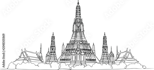 Foto Wat Arun Temple Bangkok Continuous Line Drawing Vector – Hand Drawn Thailand Lan
