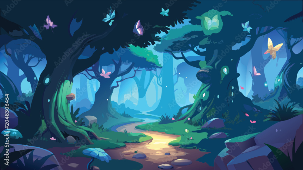 Fototapeta premium Enchanted forest path with glowing mushrooms and butterflies during twilight fantasy concept flat vector illustration