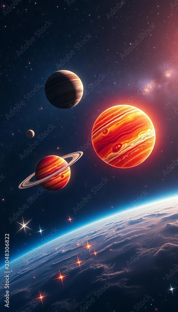 Naklejka premium Cosmic companions float amidst twinkling stars and planets, their bright colors shining like tiny suns, ||stars, playful