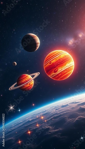 Cosmic companions float amidst twinkling stars and planets, their bright colors shining like tiny suns, ||stars, playful