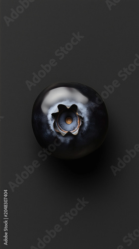 Single raw blueberry minimalist textural study focusing on smooth skin and central calyx