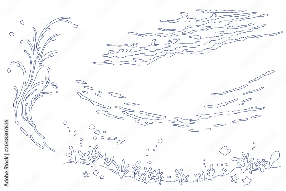 Obraz premium 海をイメージしたイラストセット 海 水中 波 海底 背景