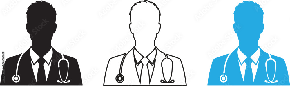 Fototapeta premium Doctor Silhouette Icon Set Vector Illustration – Medical Professional Avatar Collection in Black, Outline and Blue Style