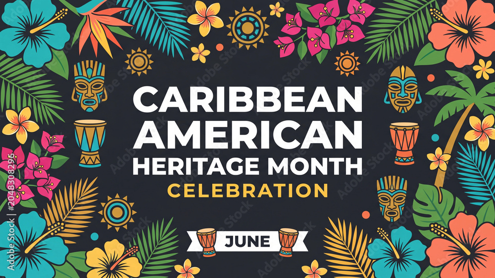 Obraz premium Caribbean heritage month celebration banner for cultural diversity tropical identity community arts music festival awareness and multicultural representation event
