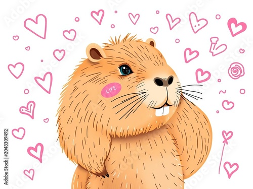 Whimsical capybara illustration with pink doodles, vibrant, ||whimsical