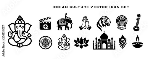 Indian Culture Vector Icon Set with Ganesha, Taj Mahal, Ashoka Chakra, Peacock Feather, Lotus Flower, Tiger and Traditional Symbols.