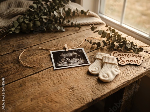 Baby ultrasound scan photo rests on a rustic wooden table beside tiny white knitted booties and a coming soon sign