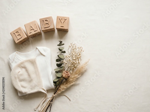 Wooden baby blocks spelling out baby next to a white newborn bodysuit and a rustic dried floral bouquet arrangement flatlay