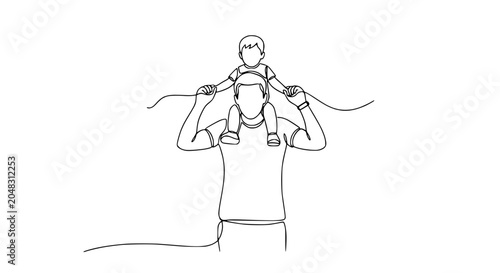 Father carrying son on shoulders, continuous line drawing, family bonding, childhood joy
