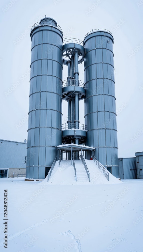 Obraz premium Tall industrial silos in snowy landscape.
