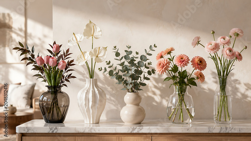 Beautiful floral arrangements in different glass and ceramic vases on a shelf