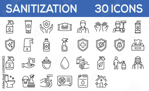 Photos Set of 30 sanitization and hygiene outline icons for cleanliness protocols