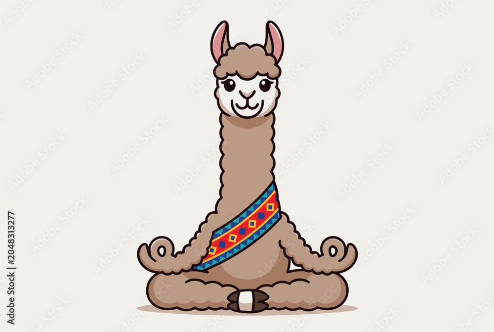 Obraz premium Adorable cartoon llama sits in a peaceful meditation pose wearing a colorful sash with traditional patterns for a relaxing yoga concept.