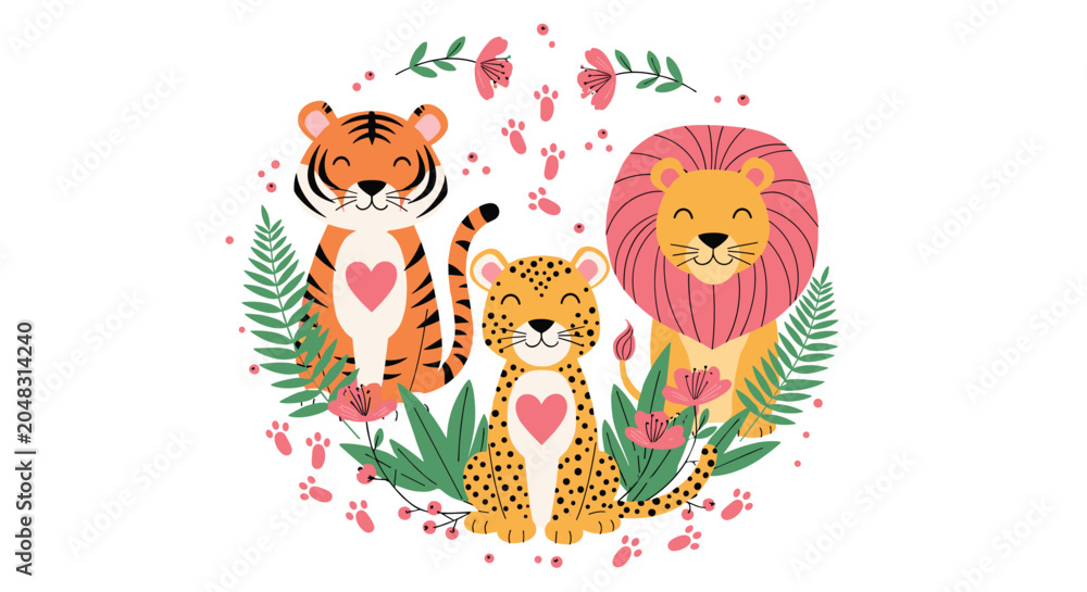 Fototapeta premium Sweet illustration of a baby tiger cub, leopard, and lion sitting together surrounded by green leaves and flowers.