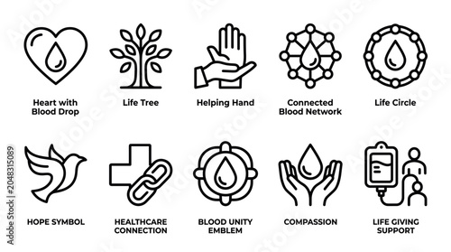 Cuadro en lienzo Blood Donation and Community Care Minimal Line Icon Vector Set