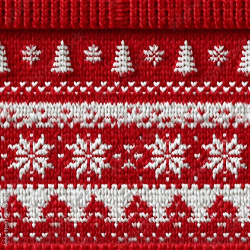 Red and white knitted fabric with traditional Christmas spruce tree and snowflake decorative patterns