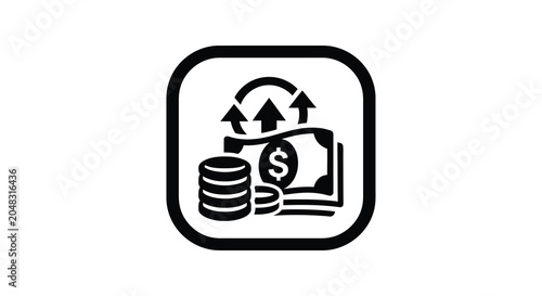 Money growth icon with coins and banknotes black silhouette