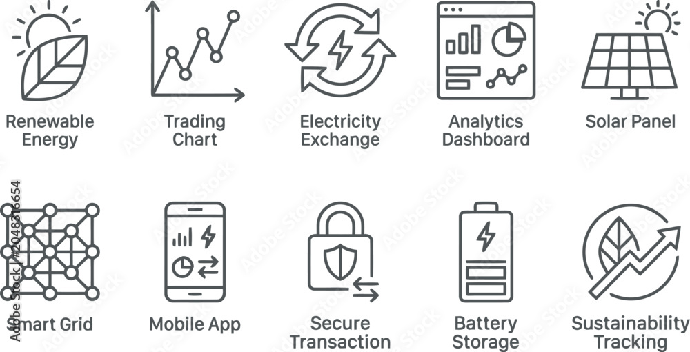 Fototapeta premium Energy icons: renewable, solar, battery, grid, analytics