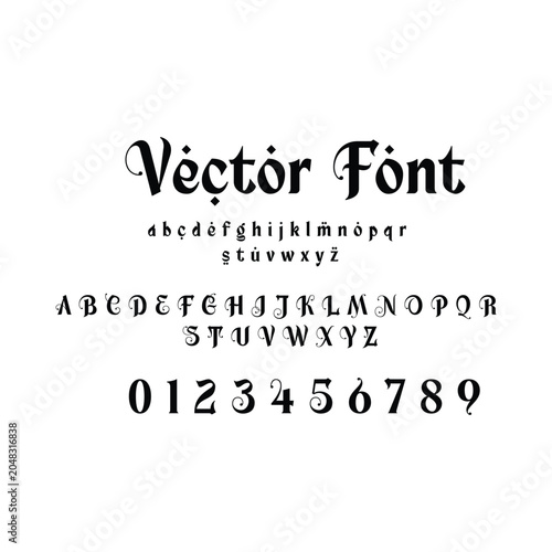 Vintage gothic vector font alphabet and curly numbers