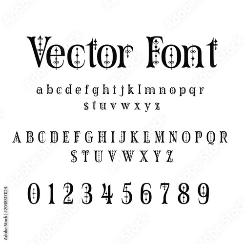 Ornate gothic vector font alphabet with decorative digits