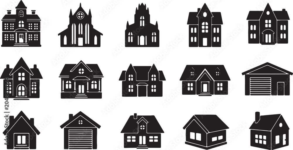 Fototapeta premium Collection of fifteen black house silhouettes on a white background featuring various architectural styles such as Victorian mansions, suburban cottages, garages, and gothic structures.