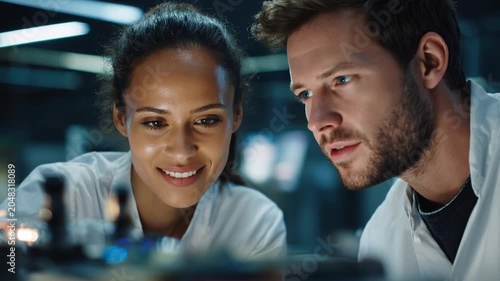 Two scientists study equipment closely