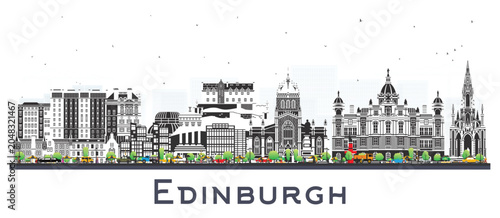 Foto Edinburgh Scotland city skyline with color buildings isolated on white