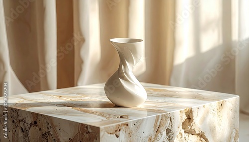 Elegant White Ceramic Vase on Marble Table with Soft Natural Light