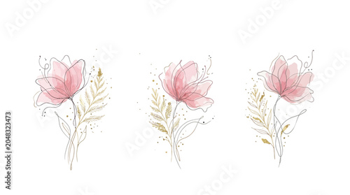 Set of 3 pink floral art prints with gold accents