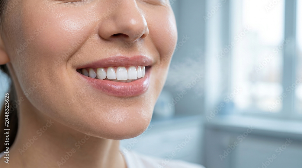 Obraz premium Woman smiling with white teeth and fresh breath represents oral health care hygiene dental treatment and wellbeing.