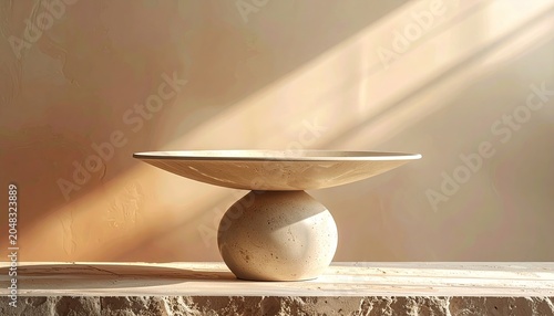 Minimalist Ceramic Plate Balanced on Round Base with Soft Lighting