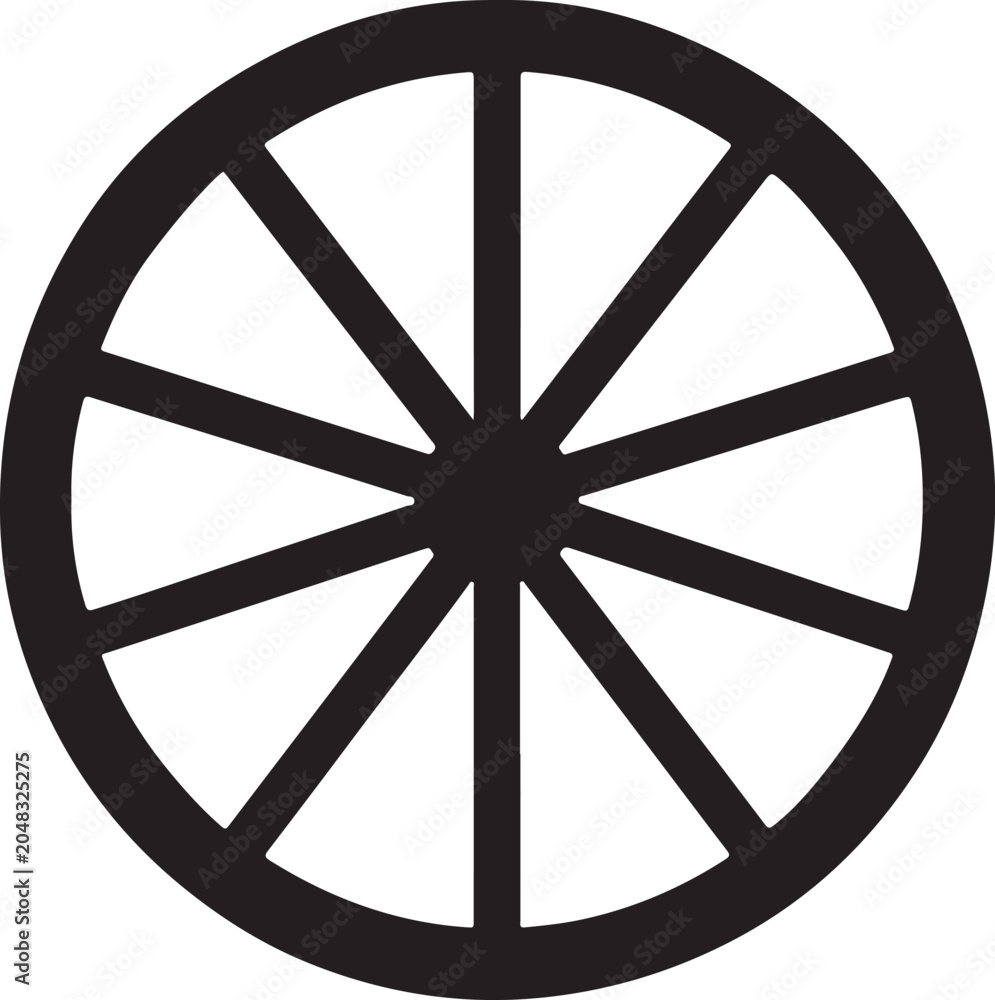 Obraz premium Black wagon wheel silhouette simple vector graphic for historical or rustic design concepts isolated on white background