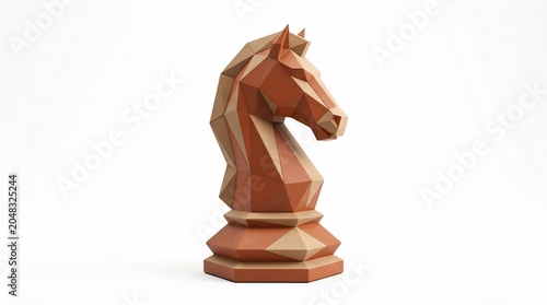 Low poly wooden chess knight horse piece on white background.