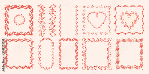 Foto Floral ornament collection sketched red vector illustrations on a pale pink back