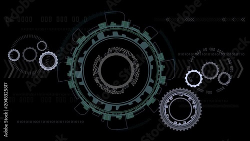 Abstract futuristic display HUD animation featuring a rotating digital circular interface with binary code and circuit board elements.